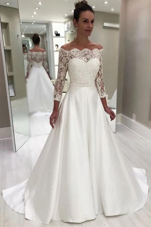 off-the-shoulder-lace-3-4-sleeve-wedding-gown-with-satin-skirt