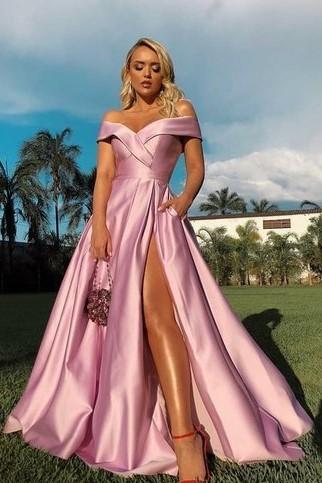 off-the-shoulder-pink-prom-gowns-with-high-leg-slit