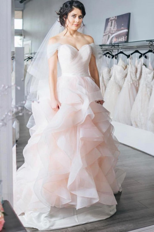 off-the-shoulder-pink-wedding-dress-with-layers-skirt