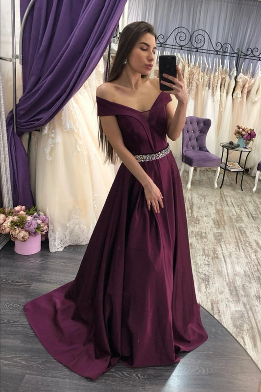 Off-the-shoulder Satin Purple Formal Dress for Prom