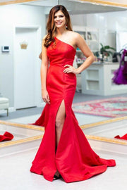 one-shoulder-mermaid-red-prom-dresses-satin-skirt