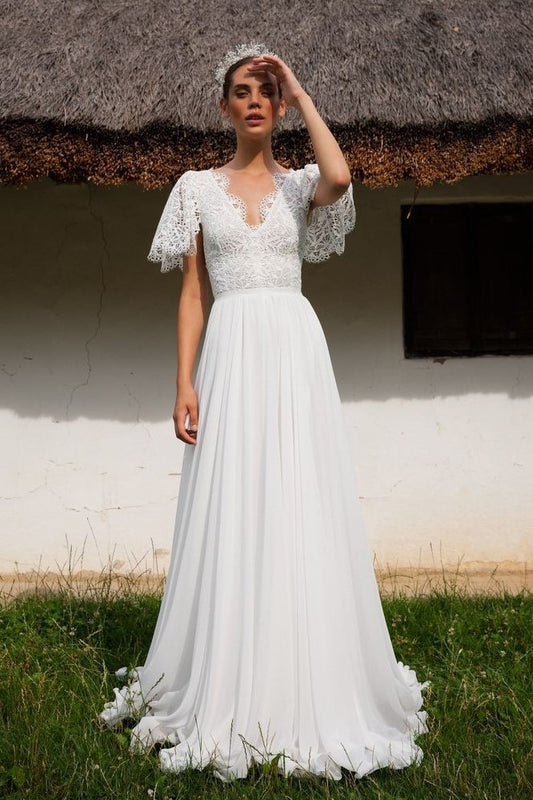 oversize-sleeves-chiffon-bridal-gown-with-lace-v-neckline