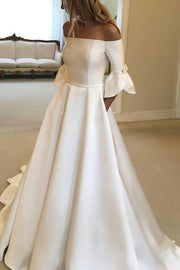 Petal Sleeve Satin Wedding Dresses Off-the-shoulder vestido de novia