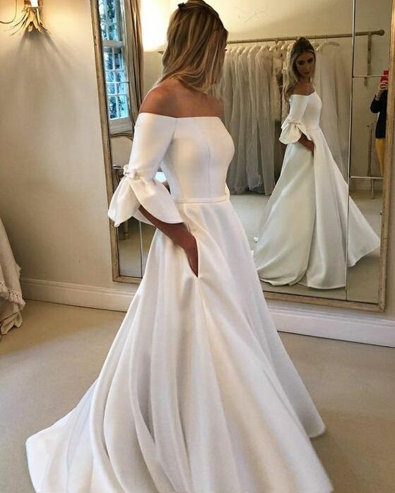 Petal Sleeve Satin Wedding Dresses Off-the-shoulder vestido de novia