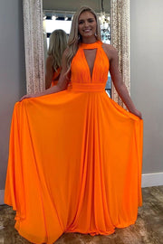 Pleated Halter Orange Prom Dresses Long Chiffon Skirt