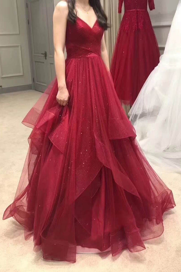 pleated-v-neckline-tulle-prom-dress-with-horsehair-layered-skirt