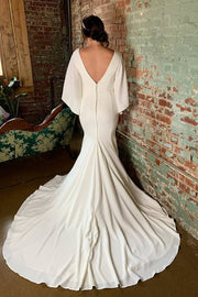 Plunging V-neck Simple Bridal Dress with Sleeves