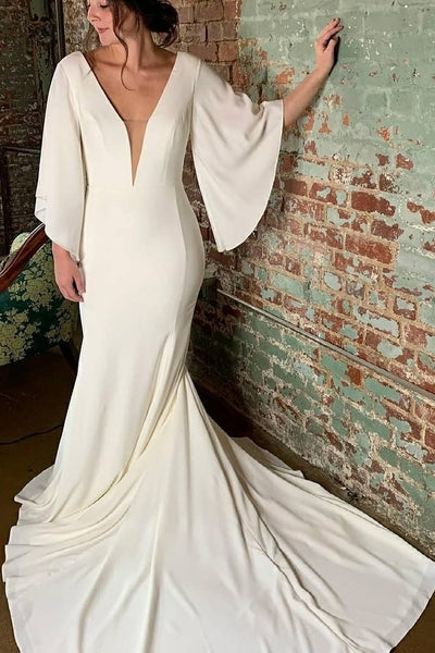 plunging-v-neck-simple-bridal-dress-with-sleeves
