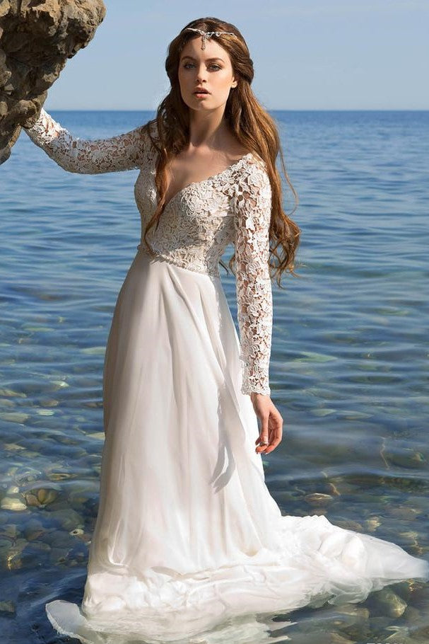 plunging-v-neckline-beach-wedding-dresses-with-lace-long-sleeves