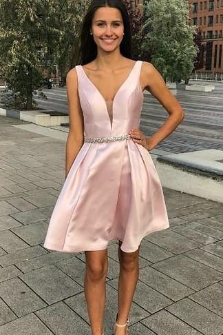 plunging-v-neckline-light-pink-homecoming-dress-short-patterns