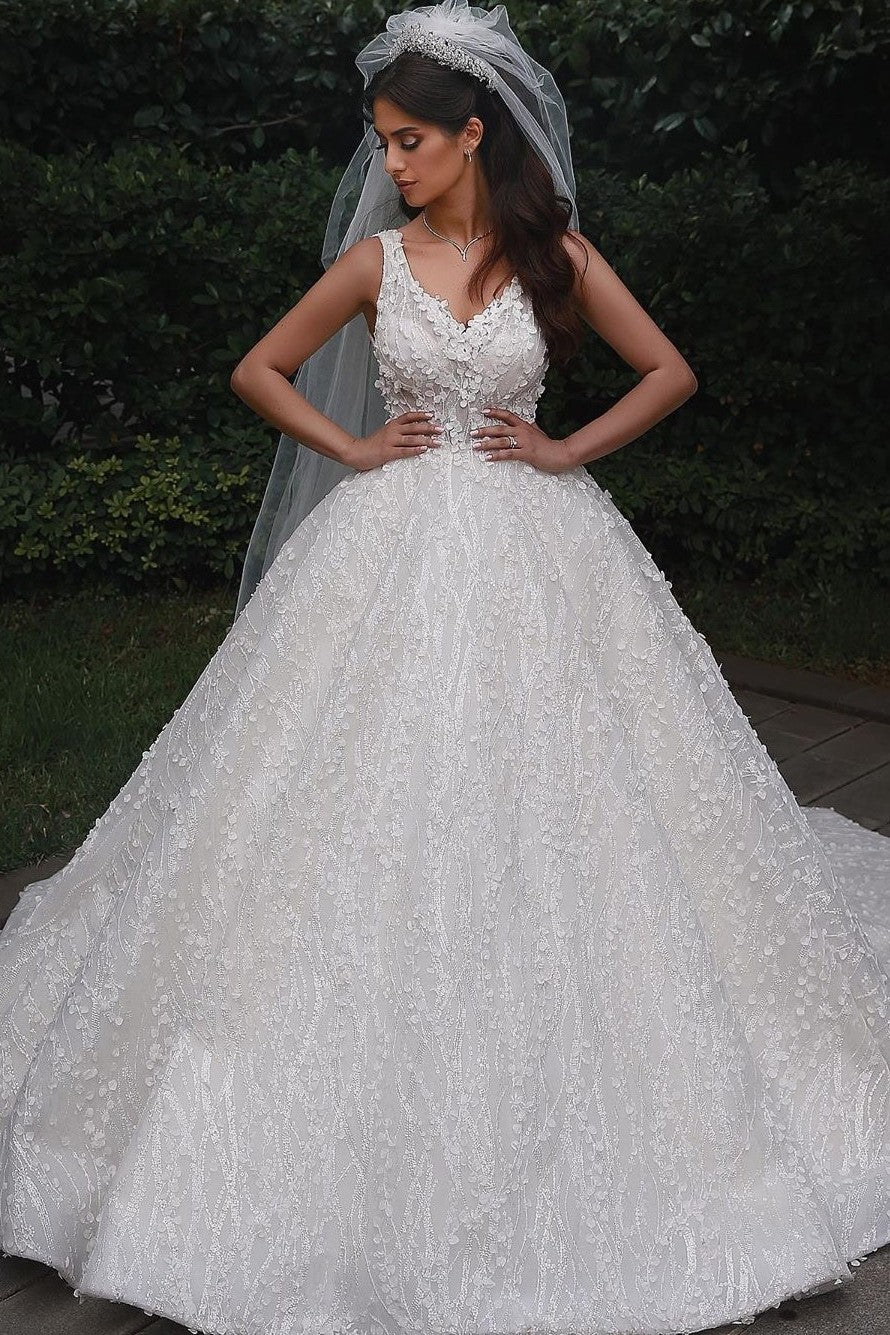 princess-lace-floral-wedding-dresses-with-v-neckline
