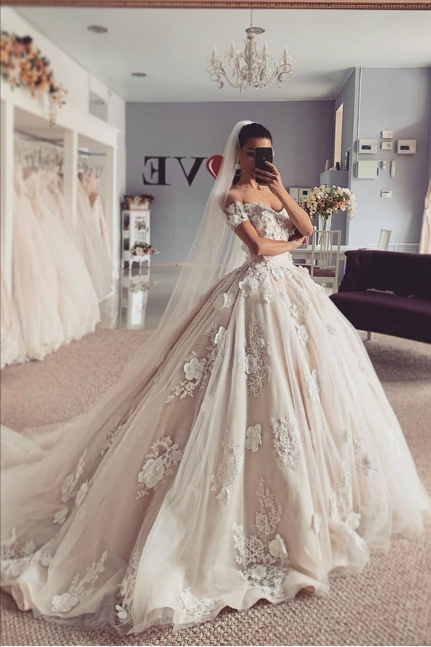 Princess Lace Flowers Wedding Dress with Off-the-shoulder