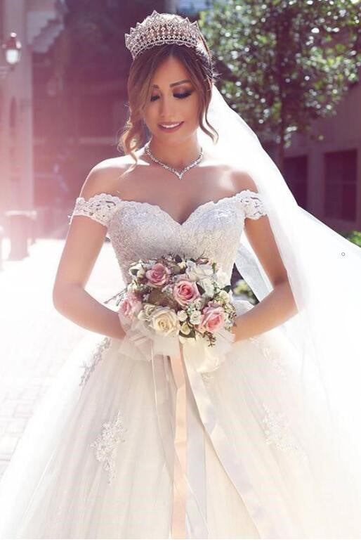 Princess Off-the-shoulder Lace Wedding Gown with Tulle Skirt