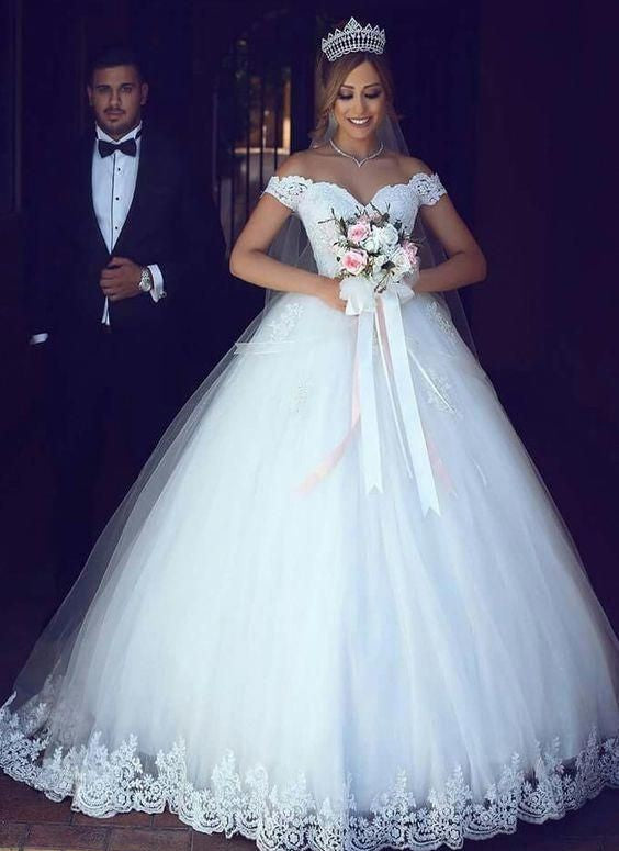 Princess Off-the-shoulder Lace Wedding Gown with Tulle Skirt