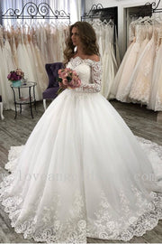 princess-off-the-shoulder-wedding-dresses-ivory-lace-long-sleeves