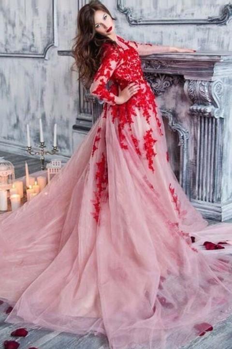 red-appliques-lace-tulle-evening-dresses-long-sleeves