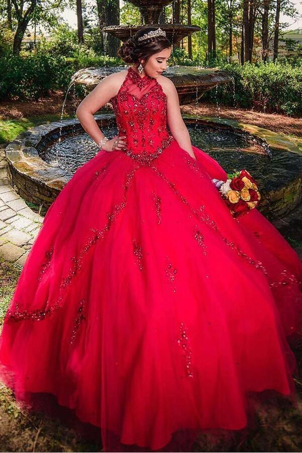 red-ball-gown-quinceanera-dresses-high-neck-beaded-tulle-skirt