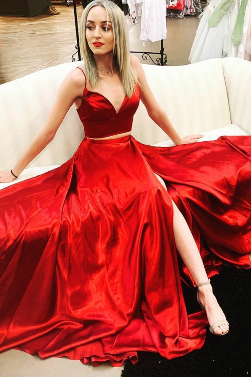 red-two-piece-prom-dresses-with-deep-neckline-vestido-formal