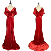 Red Velvet Long Prom Dresses with Flounced Sleeves