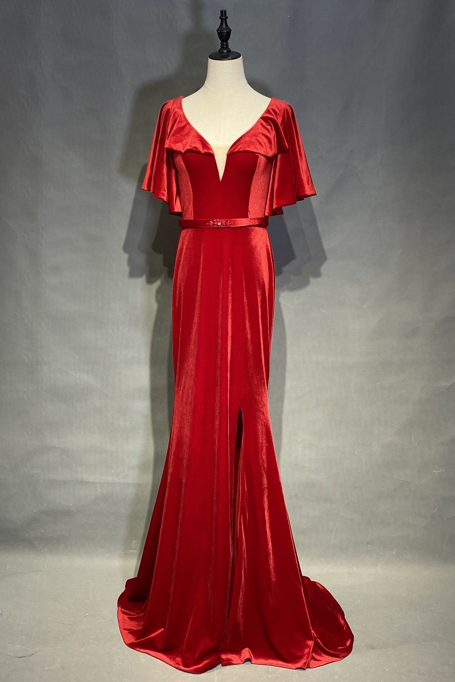 red-velvet-long-prom-dresses-with-flounced-sleeves