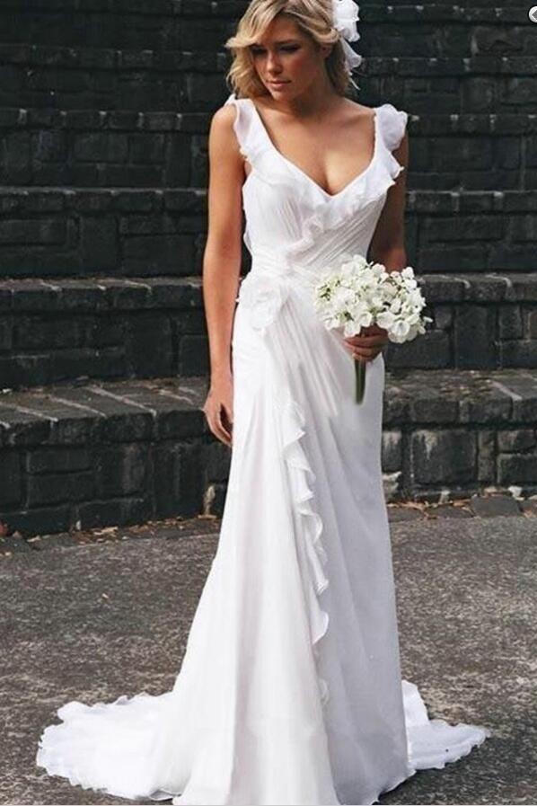 ruffled-neckline-white-chiffon-wedding-gown-for-seaside