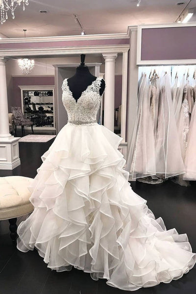 ruffled-organza-wedding-dresses-lace-v-neckline-bodice