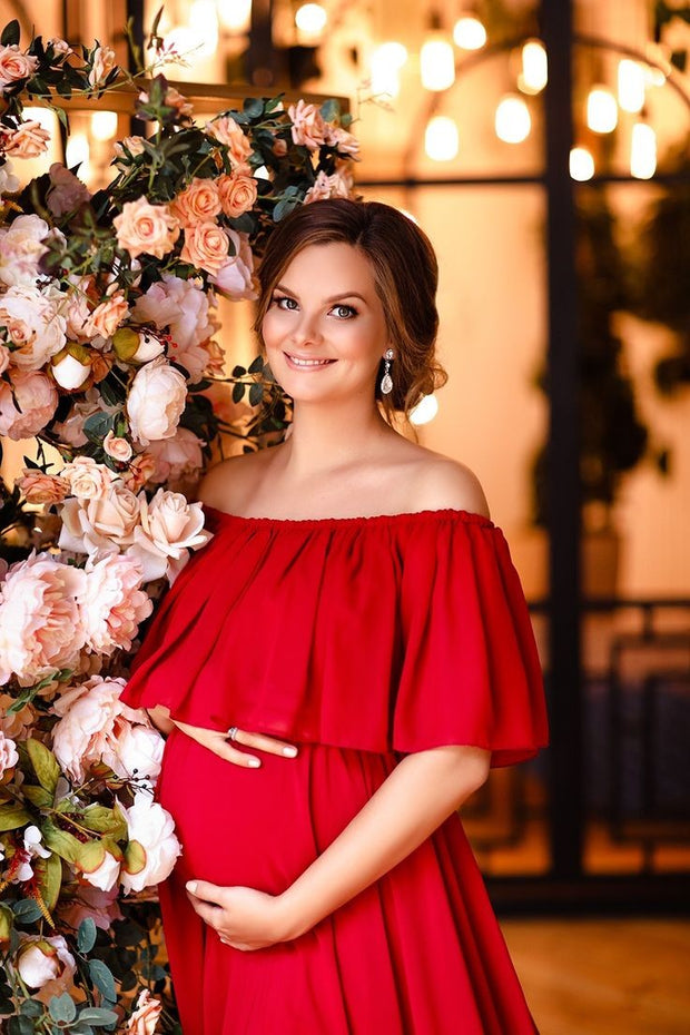 ruffles-off-the-shoulder-red-baby-shower-dresses-with-long-train-2