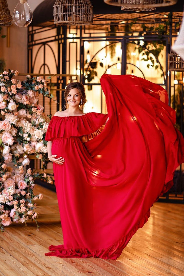ruffles-off-the-shoulder-red-baby-shower-dresses-with-long-train