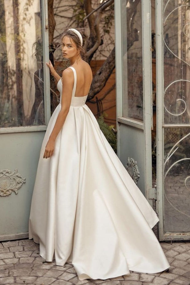 Satin A-line Square Neck Bridal Gown with Sweep Train
