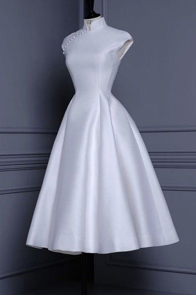 Satin High Neck Bridal Dress Tea-Length