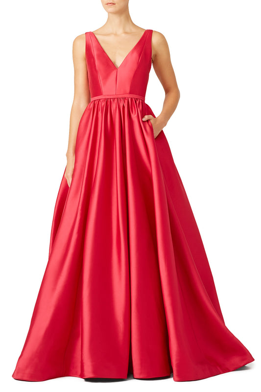 Satin Long Red Formal Dress Evening Gowns with Pockets