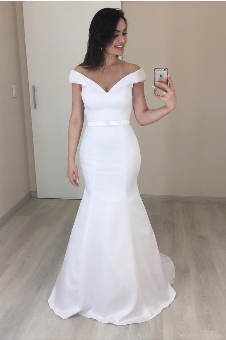 satin-off-the-shoulder-wedding-dresses-with-hugging-bodice