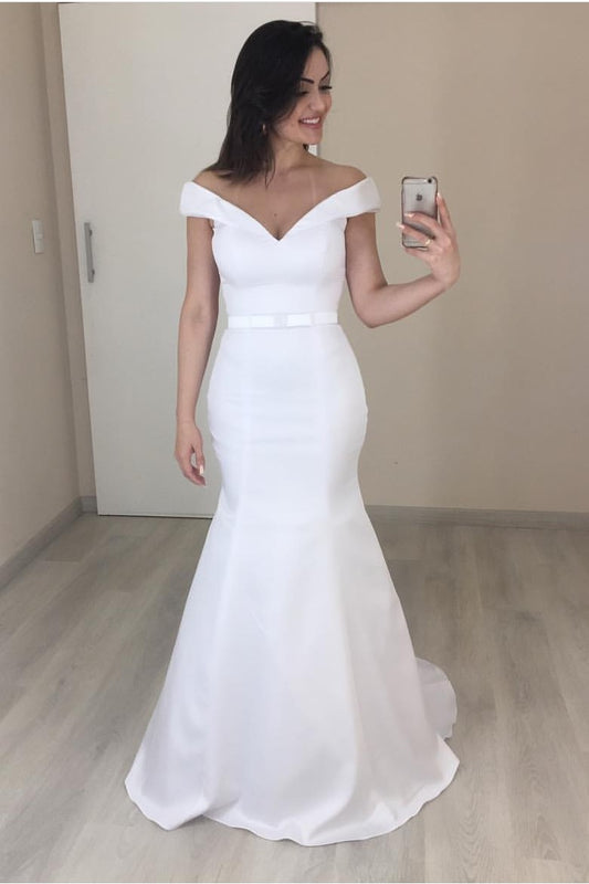 satin-off-the-shoulder-wedding-dresses-with-hugging-bodice