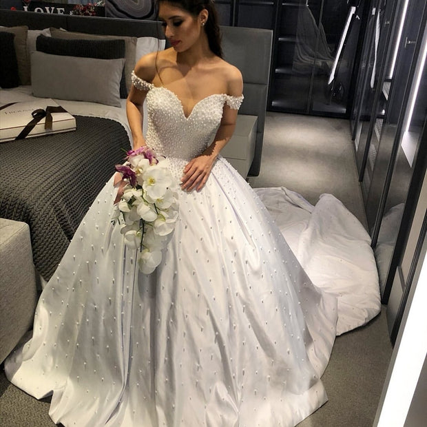satin-pearls-off-the-shoulder-bridal-dresses-princess