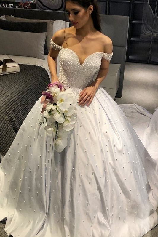 satin-pearls-off-the-shoulder-bridal-dresses-princess