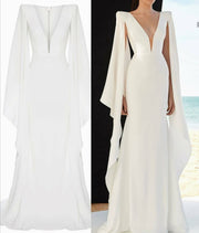 Saudi Arabia Long White Evening Gown with Deep V-neckline