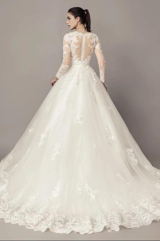 See-through Long Sleeves Ball Gown Wedding Dress Lace Tulle Cathedral Train