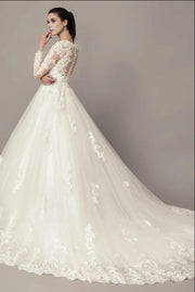 See-through Long Sleeves Ball Gown Wedding Dress Lace Tulle Cathedral Train