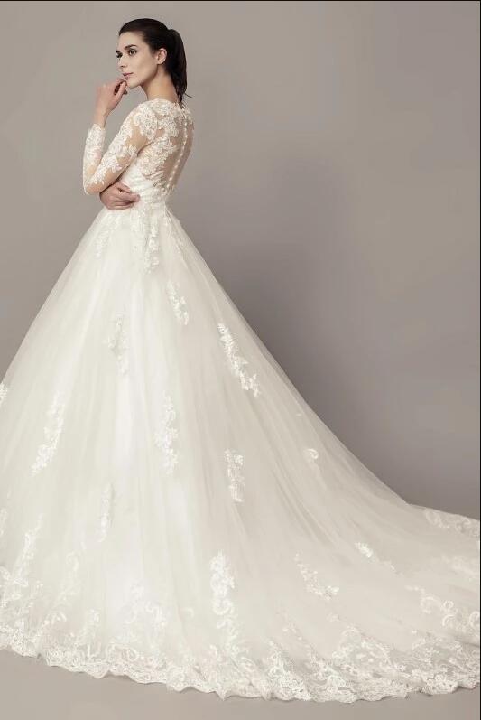 See-through Long Sleeves Ball Gown Wedding Dress Lace Tulle Cathedral Train