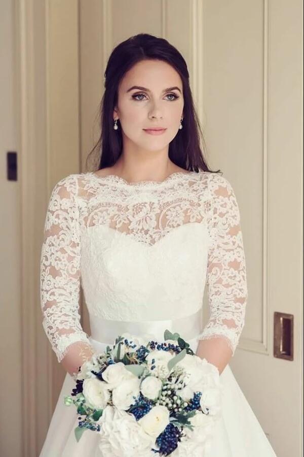 see-through-neckline-lace-ivory-wedding-dresses-3/4-sleeves-1