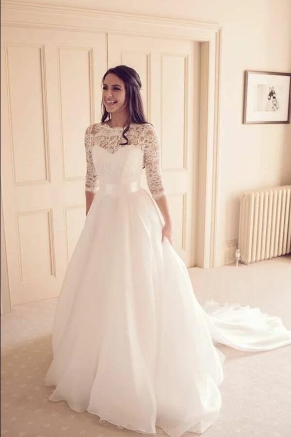 see-through-neckline-lace-ivory-wedding-dresses-3/4-sleeves