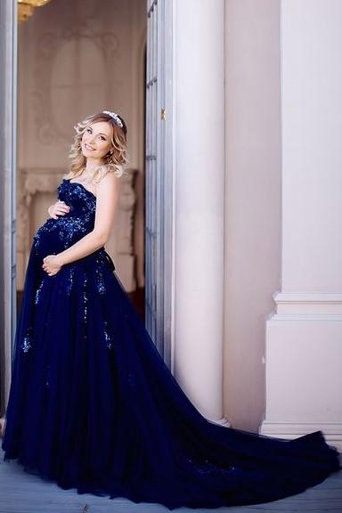 sequined-details-maternity-gown-photography-long-tulle-dress-for-wedding-baby-shower