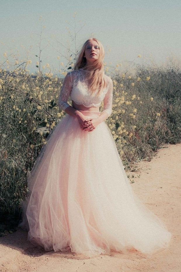 sheer-lace-two-piece-wedding-dress-blush-pink-tulle-skirt