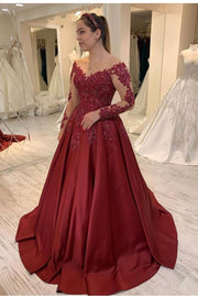 sheer-neck-long-sleeves-evening-dresses-with-satin-skirt