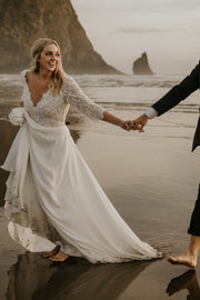 sheer-neckline-half-sleeves-bridal-dresses-for-beach-weddings