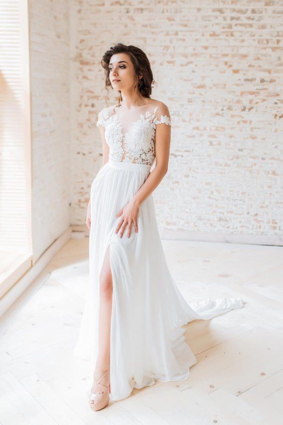 sheer-neckline-summer-wedding-dresses-with-chiffon-skirt