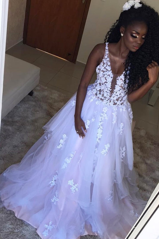 sheer-plunging-white-wedding-gown-with-lace-tulle-skirt