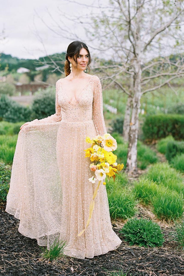 sheer-sleeves-sequin-bridal-gowns-with-v-neckline-2