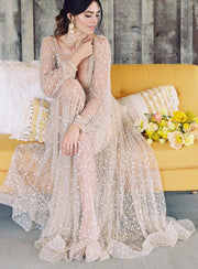 sheer-sleeves-sequin-bridal-gowns-with-v-neckline