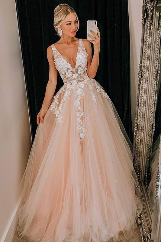 sheer-v-neckline-lace-blush-pink-wedding-dress-tulle-skirt